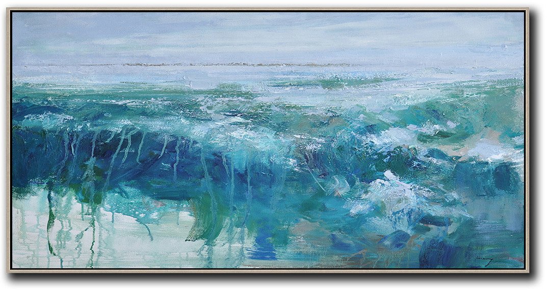 Large Abstract Art,Panoramic Abstract Landscape Painting,Modern Wall Decor,Sky Blue,Green,Dark Blue.etc